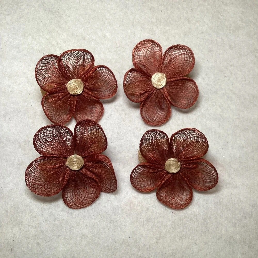 Set of 4 Terracotta Woven Sinamay Flower Napkin Rings Rustic Boho Table Decor